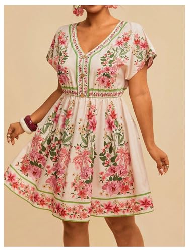 Image of Floerns Women's Plus Size Summer Vacation Wrap V Neck Short Sleeve Ruffle Hem A Line Hawaiian Short Dress