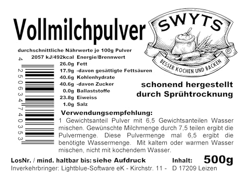 500g Milchpulver Vollmilch - 26% Fett - haltbares Pulver als Alternative zu frischer Milch - auch für Trekking und Krisenmanagement-Bevorratung - besser kochen und backen mit Qualität von SWYTS