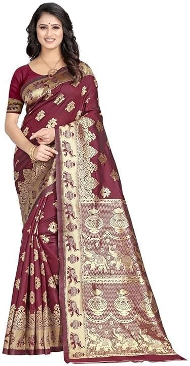 Women's Pure Soft Kanjivaram Silk Saree Banarasi Design Style With Blouse Piece for Partywear/wedding gift Diwali Gift item Indian saree Pack Of 1(Maroon)