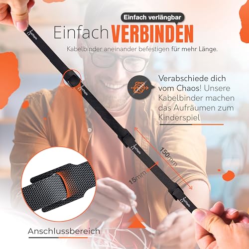 Kabelbinder Wiederverschließbar (50 Stk.),Perfektes Kabelmanagement mit dem Kabelbinder Klett, Klett Kabelbinder verlängerbar (150mm pro Klettband), Cable Ties lösbar und Wiederverwendbar I ToolTopia