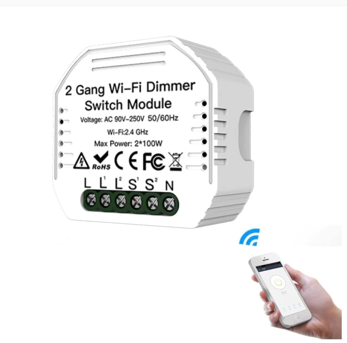 Eazyliv Smart SolutionsMini 2Gang DIY WiFi Light LED Dimmer Universal Hidden Switch Module, Compatible with Life/Tuya App, Wireless Remote Control Module Works with Alexa Google Home 1/2 Way (2 Gang)