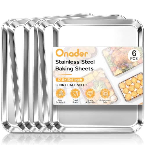 Onader Large Baking Sheet Set of 6, 18 x 13 Inch Stainless Steel Half Sheet Baking Pans for Oven, Commercial Metal Cookie Pan Tray for Roasting Cooking, Mirror Finish & Dishwasher Safe