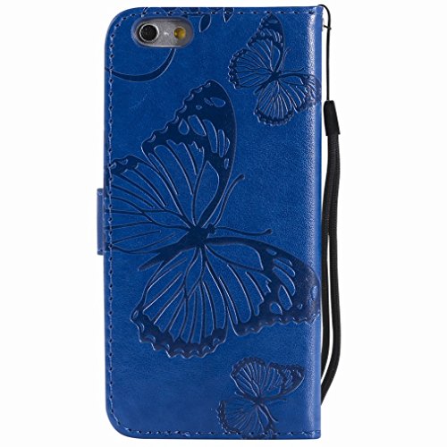 Laybomo Case for iPhone 6 6S Cover Case PU Leather Wallet Soft TPU Folio Slim Flip Case Stand Magnet ID Card Slot Protective Holster Case for A530F, Butterfly Embossing (Blue)
