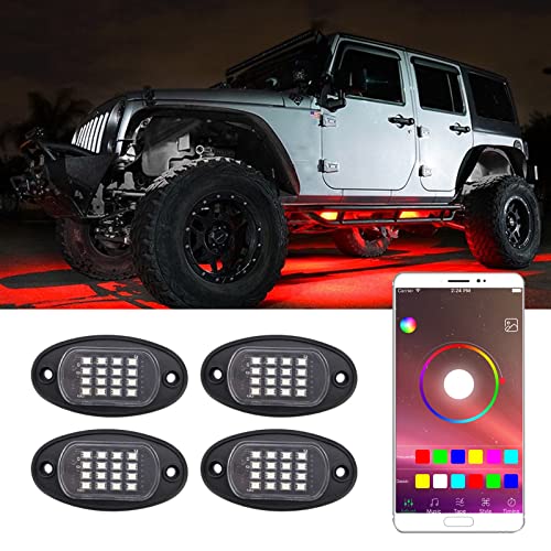 JoaSinc RGB LED Rock Lights Kit avec Contrôle Bluetooth APP, Fonction de Minutage, Commande Vocale, Mode Musique et Bricolage, 4 Pods IP67 Décoration Voiture LED