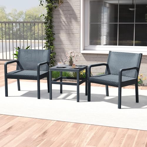 GIANTEX Rattan Gartenmöbel Set, Balkonmöbel Kleiner Balkon, Terrassenmöbel Outdoor Wetterfest aus PP, Balkonset 2 Personen, Balkonmöbel Set 3 teilig 2 Sessel & Tisch, Garten Sitzgruppe Möbelsets