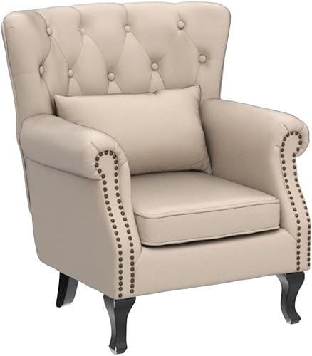 Miniatura 4 de Janoray Silla decorativa moderna de mediados de siglo, sillón tapizado de tela de lino cómodo sofá individual con respaldo copetudo para espacios