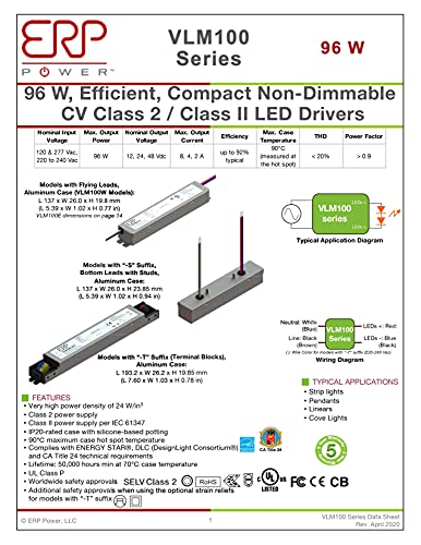 Image of SIRS-E ERP VLM100W-24 Constant Voltage DC Power Compact LED Driver 24V 4A 96W UL Class P for LED Lights and Lighting