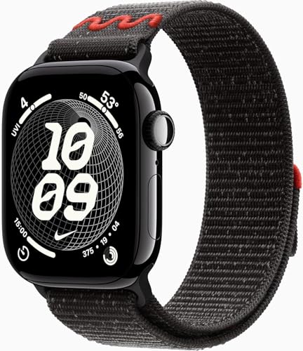 Apple Watch Series 11 [GPS + Cellular, 42mm] Jet Black Aluminum Case with Midnight Black Nike Sport Loop, One Size (Renewed Premium)