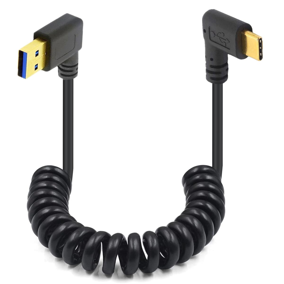 GLHONG Coiled USB Type C Cable, Spring 90Degree 5Gbps Retractable USB 3.0 Right Angle to Type C Cable, Gold USB C to USB 3.0 A Male Charging and Data