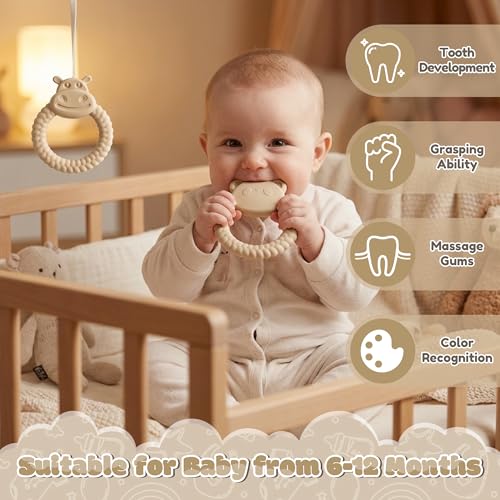 Image of Silicone Teething Toy for Babies - 2ooya 2Pcs Bear Animal Theme Teething Ring Relief Chew Toy Infant Sore Gums Pain Soft Food Grade Silicone Teethers for Toddler 6-12 Months Birthday Baby Shower