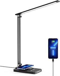 sympa Desk Lamp, Dimmable Table Lamp with 5 Color Temperature 5 Brightness Levels, LED Lamp with Wireless Charger & USB Charging Port, Night Light, 1H Timer, Memory Function, for Home Office Bedroom