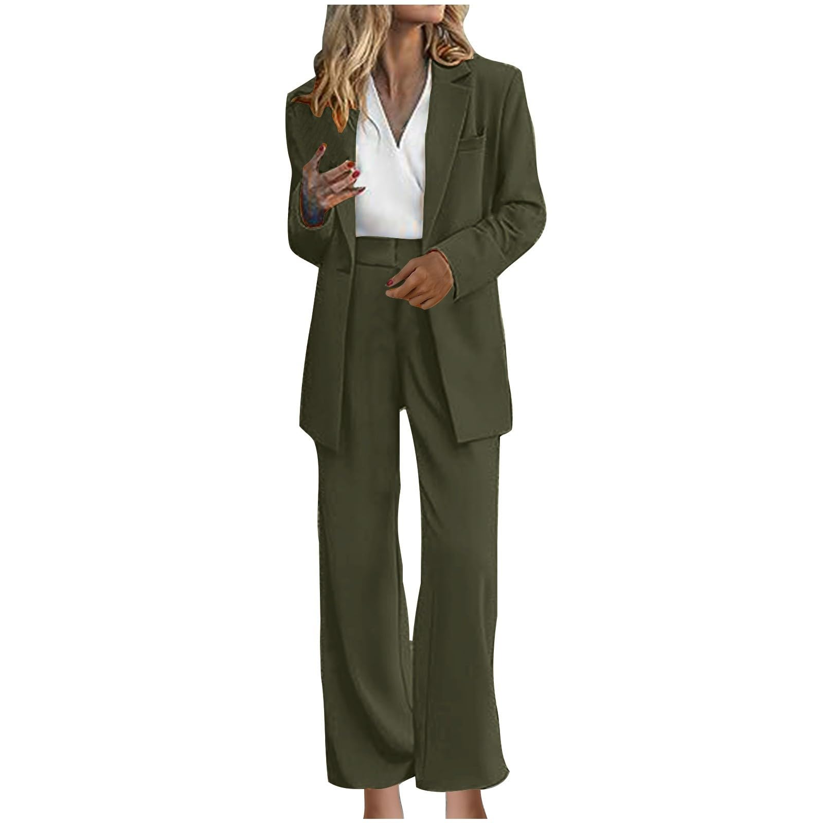 Womens Office Blazer Suit Set Long Sleeve Blazer and Wide Leg Pants Set Casual Solid Color Business Outfits
