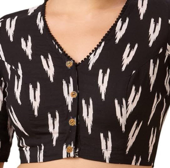 Image of Studio Shringaar Women's Readymade Black Cotton Block Printed Elbow Length Sleeves Saree Blouse