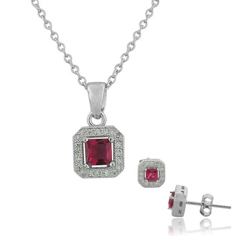 My Daily Styles925 Sterling Silver White CZ Square Pendant Necklace Stud Earrings Set