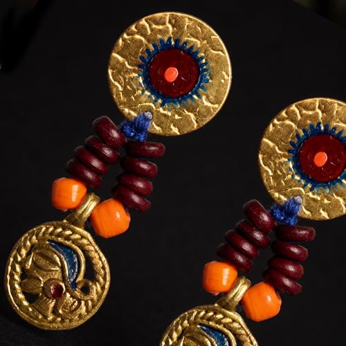 Image of Royal Queen & Empress Handcrafted Tribal Dhokra Earrings Collection for Women - Wooden, Fabric & Round Statement Ethnic Designs in Multiple Colours