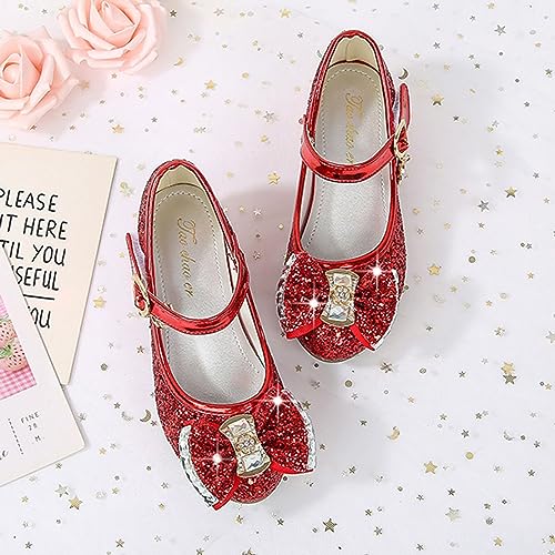 Yoawdats Girls Toddler Dress Shoes Sparkly Ruby Bowkno Flowert Wedding Party Bridesmaids Low Heel Princess Shoes for Kids (Red, 17.7 cm)4