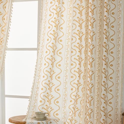 Image of Yellow Boho Curtains 72 Inch Long for Living Room, Bedroom, 2 Panels Floral Farmhouse Vintage Tassel Semi Sheer Light Filtering Privacy Window Curtains Drapes with Rod Pocket