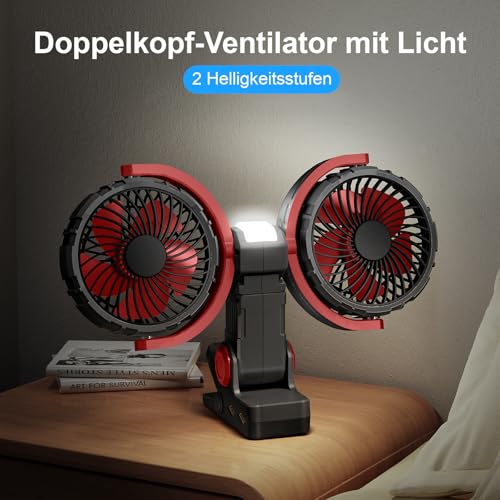 NIFBANG Clip Ventilator Akku mit Licht, USB C Aufladbar Leise Fan Doppelkopf Wandventilator,Stark Lüfter Wand für Büro, Bett, Schlafzimmer, Auto, Wohnmobil, Outdoor Camping Klemmventilator(Schwarz)