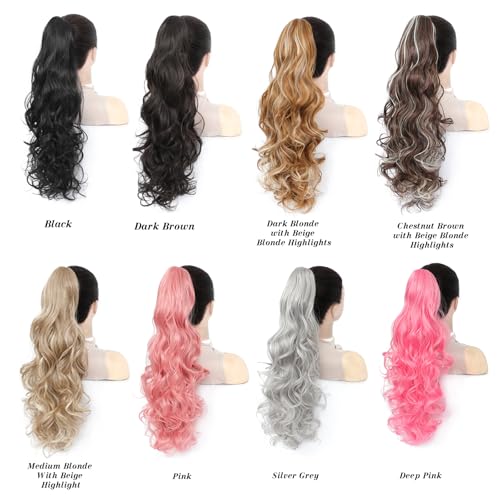 Image of 24 inch Ponytail Extension, Long Curly Wavy Claw Clip and Natural-Looking Synthetic Hairpiece, Voluminous Pony TailHair Extensions for Women Daily Wear. (Medium Blonde With Beige Highlight, 24Inch)