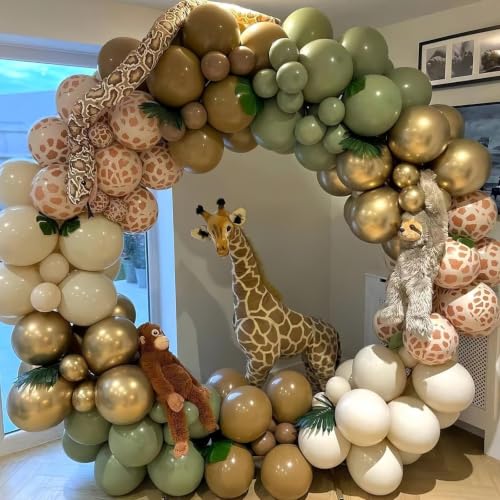Image of Sage Green and Brown Fall Balloons for Safari Baby Shower Party Decorations | 12inch Olive Green Beige Brown Nude Deer Print Animal Latex Balloons for Fall Woodland Jungle Wild One Birthday Party Decor
