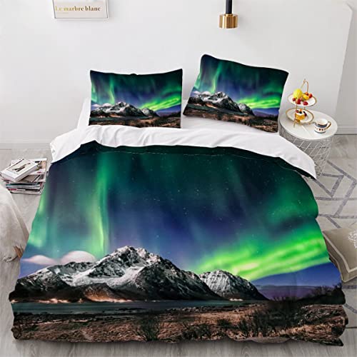 LLSL Duvet Cover double Northern Lights 3d Printed Colorful Quilt with Zipper Closure and Pillowcase Night View Bedspread Ultra Soft Microfiber Bedding Set for Childrens Adults, Double: 200x200cm
