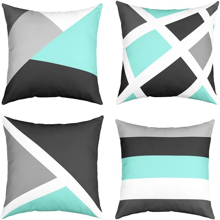 Set of 4 Geometric Throw Pillow Covers,Geometric Strip Lines Cushion Case for Home Living Room Decor, Reversible Modern Abstract Art Light Blue Grey White Decorative Throw Cushion Case, 16x1