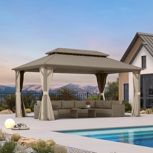 PURPLE LEAF Tonnelle de Jardin Extérieur Aluminium 4,85 x 3 m, Pergola à Double Toit en Acier Galvanisé, Pavillon de Jardin avec Moustiquaire et Rideaux pour Camping,...