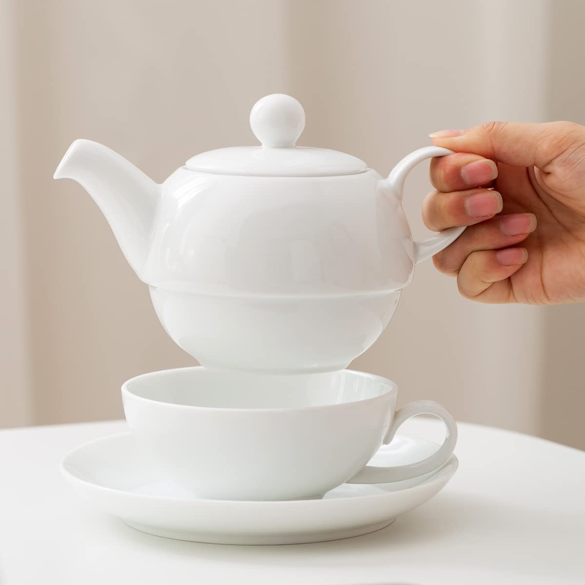 B SEPOR Top Grade White Porcelain Individual Tea Set, Service for One, 17 Oz Ceramic Teapot with Infuser and 7oz Cup and 6.75" Saucer, Teapot with Strainer for Loose Leaf Tea