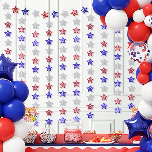 Image of 36 Pcs 4th of July Glitter Star Garland - No DIY Needed, Red White Blue Hanging String Decorations for Independence Day, Memorial Day, Patriotic Party, Veterans Day, USA Themed Party Decorations