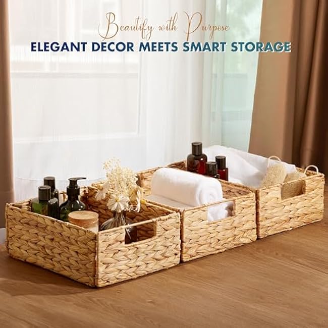 BLUEWEST Water Hyacinth Storage Baskets (Set of 6) ¨C Woven Hyacinth Organizer with Carrying Handles, Laundry Basket for Organizing, Rattan Bin for Shelves