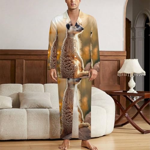 Meerkat Mens Pajamas Set Long Sleeve Sleepwear 2 Piece Button Down Lounge Set2