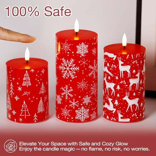 Eywamage Red Christmas Candles with Remote, Battery Operated Deer Snowflakes Candles, Real Wax Flameless LED Candles Set of 3