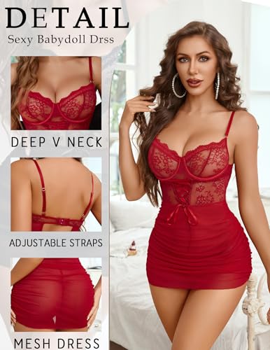 Avidlove Women's Lingerie Sexy Lace Nightwear Spaghetti Strap Nightgown Babydoll Chemise (Dark Red, Small) - image 2