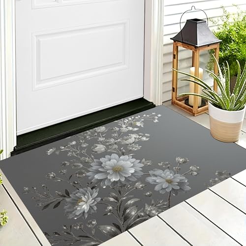Paillasson d'entrée gris 50x80cm lavable avec motif fleur