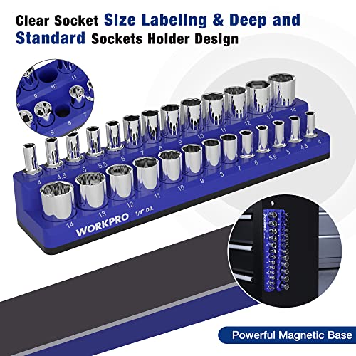 Image of WORKPRO Magnetic Socket Organizer, 1 /4-Inch Metric Socket Holder | Hold 26-Piece Sockets, Suitable for Standard and Deep Socket, Magnetic Base, No Scratches Installation, Sockets not Included