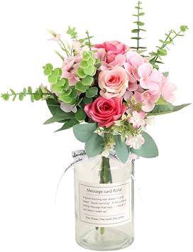 YZZY Artificial Flowers 1 Piece Glass Bottle Faux Flower Bouquet Set for Indoor Outdoor Home Decor Fuschia Rose