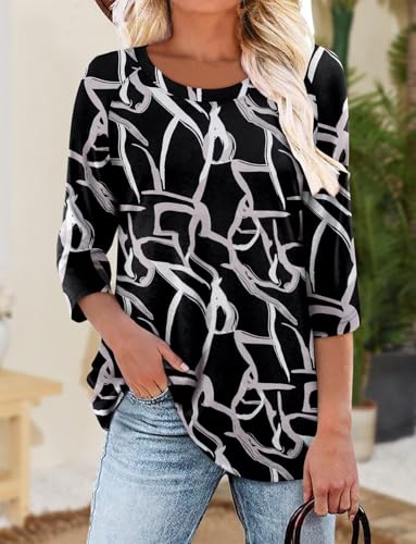 KISSMODA Tunic Tops for Women Loose Fit Dressy Round Neck Pleated 3/4 Length Sleeve Spring Tops
