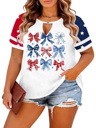 Image of Ithalt Plus Size American Flag Shirt Women Bow T Shirt 4th of July Shirts USA Patriotic V Neck Tees for Independence Day