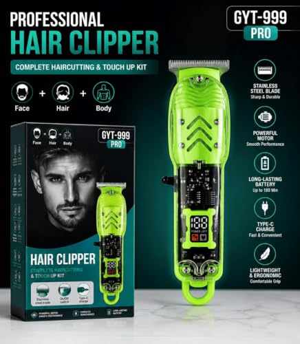 Image of GYT-999 Pro Hair Clipper & Trimmer Kit, Stainless Steel Blade | LED Digital Display, Type-C Charging, 4 Guide Combs, Cordless Trimmer, Face, Hair & Body