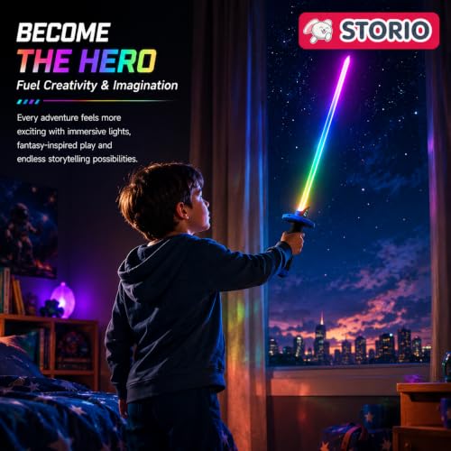 Image of Storio LED Light Up Toy Sword with Scabbard, RGB Color Changing Glowing Blade, Smoke Effect on Draw, USB Type-C Rechargeable Light Sword, Role Play Toy for Kids Boys Girls