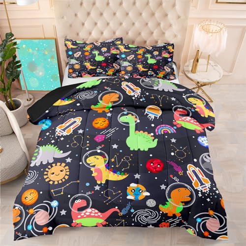 Boys Dinosaur Comforter Set Queen Size, 3Pcs Black Cartoon Dinosaur Bedding Set for Girls Kids Adults Bedroom Decor, Boys Comforter Set for All Season, Lightweight, 1 Quilt with 2 Pillowcases