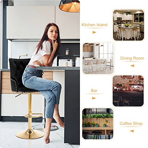 Bar Stool Set Of 2 Black Velvet Adjustable With Tufted Backrest, Counter Height Swivel Chairs Upholstered Modern Barstool Golden Base For Kitchen Island, Home Bar, Dining Room,Pub,Club #TOP6