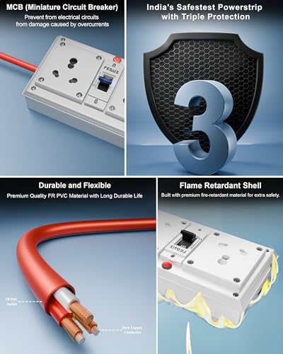 Image of FEDUS 16amp 3000 Watts Heavy Duty High Load Capacity Electric Power Extension Switch Board Cord with MCB Switches, 25 Meter Cable for Microwave Oven,EV Charger Charging,Iron Press,Induction Stove,AC