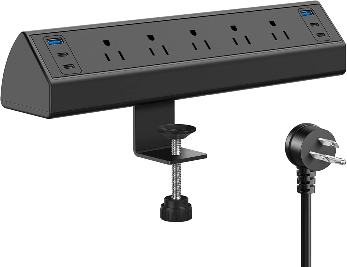 Desk Clamp Power Strip USB C,40W Total Fast Charging Station,4 PD 20W USB C Ports,Desk Edge Mount Power Strip 6 USB Ports 5 AC Outlets Surge Protector,Fit 1.96" Tabletop Edge,ETL Listed
