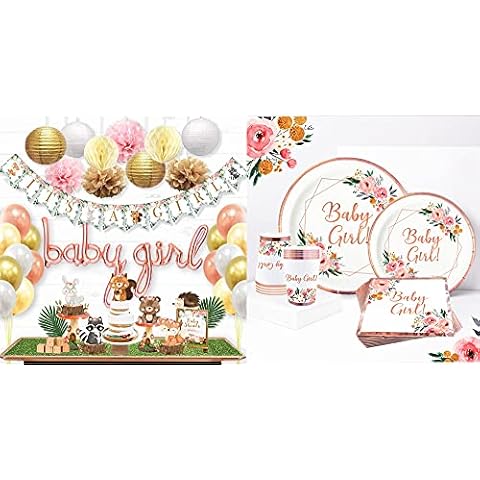 Ola Memoirs Woodland Baby Shower Decorations for Girl with Rose Gold Boho Floral Plates Plates Napkins Cups Disposable Tableware set 24 pax Party Supplies Forest Animals Cutouts, Baby Girl Balloons Cover