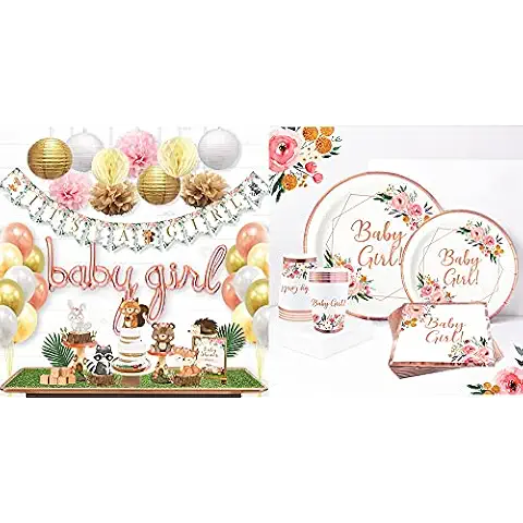 Ola Memoirs Woodland Baby Shower Decorations for Girl with Rose Gold Boho Floral Plates Plates Napkins Cups Disposable Tableware set 24 pax Party Supplies Forest Animals Cutouts, Baby Girl Balloons Cover