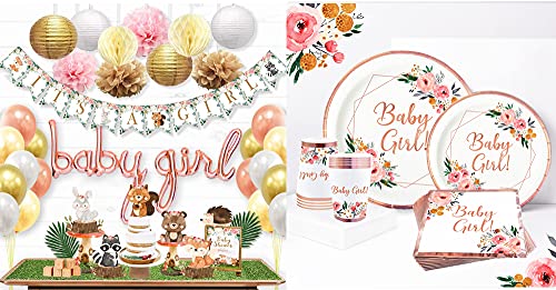 Ola Memoirs Woodland Baby Shower Decorations for Girl with Rose Gold Boho Floral Plates Plates Napkins Cups Disposable
