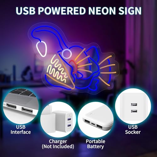 Image of Anglerfish Fishing Neon Sign, LED Neon Light Up Sign for Wall Decor, Angler Fish Gifts for Fisher, Game,Garage, Man Cave, Bar, Fishing Theme Wall Decoration