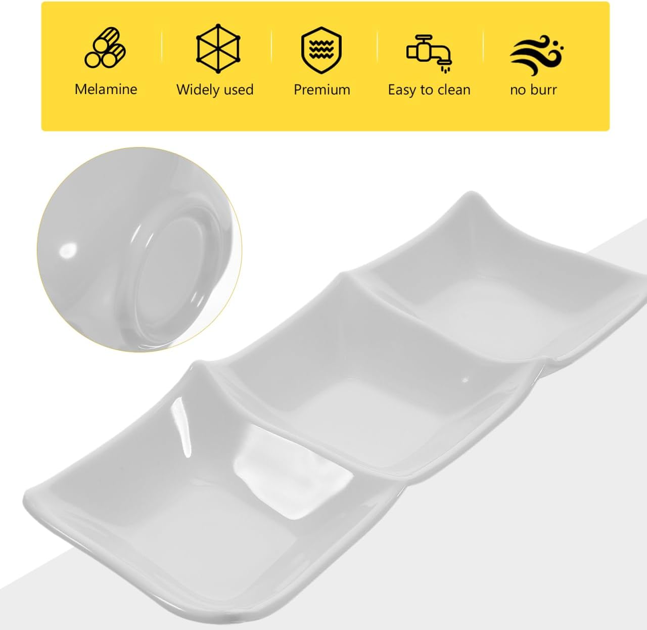 Luxshiny Three-Grid Sauce Dipping Plate Plastic Divided Serving Tray Household Sauce Dish for Condiments Appetizers Seasoning Storage, 9.84 X 3.54 X 0.98 Inch