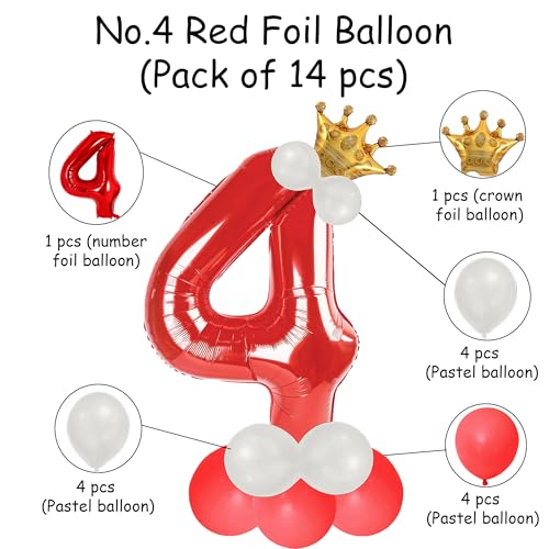 Image of Red 4 Number Foil Balloon with Crown & Base Balloons | 32 Inch Helium Supported for Birthday, Anniversary, Baby Shower Decoration - Pack of 14